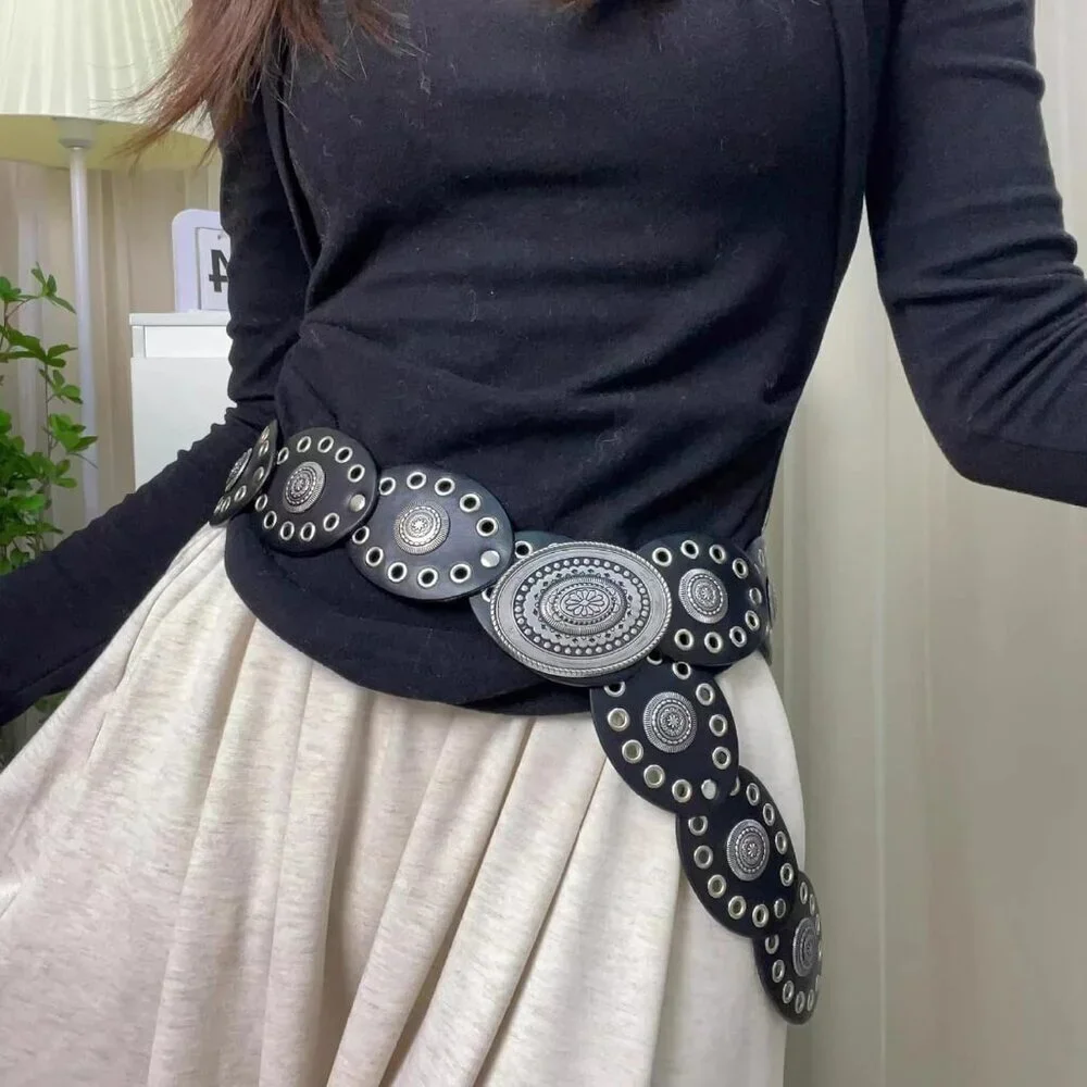 Women’s Wide Leather Western Cowboy Disc Belt Vintage Cowgirl Style for Jeans